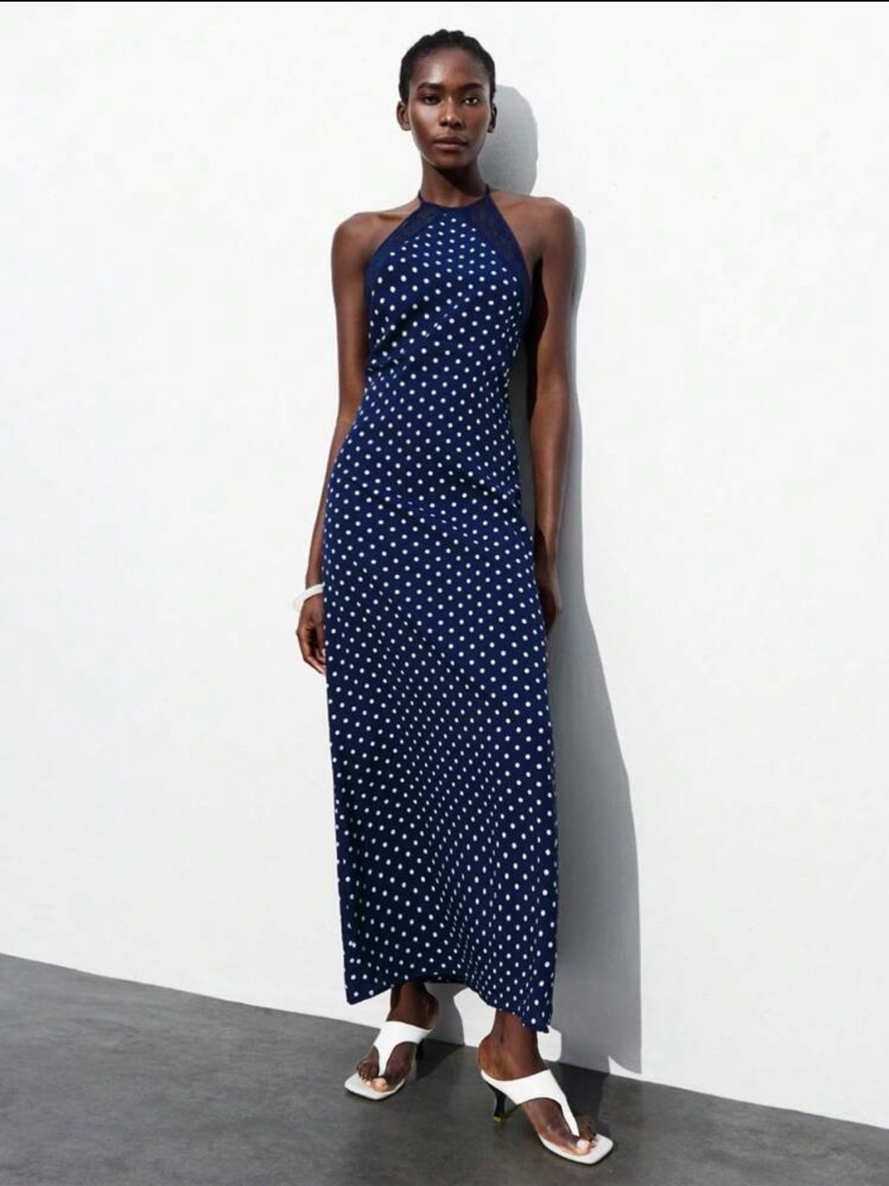 SHEIN Navy and White Polka Dot Halter Maxi Dress